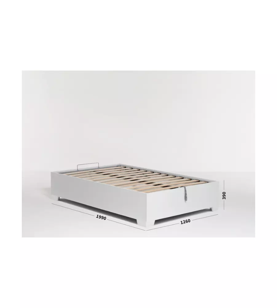 Letto 1 piazza e mezza 'bed box' bianco con rete, contenitore e piedini 120x190 cm